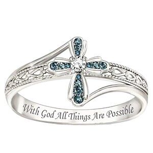 Blue Zircon Cross Decor Ring - New - Size 8 - "With God All Things Are Possible"